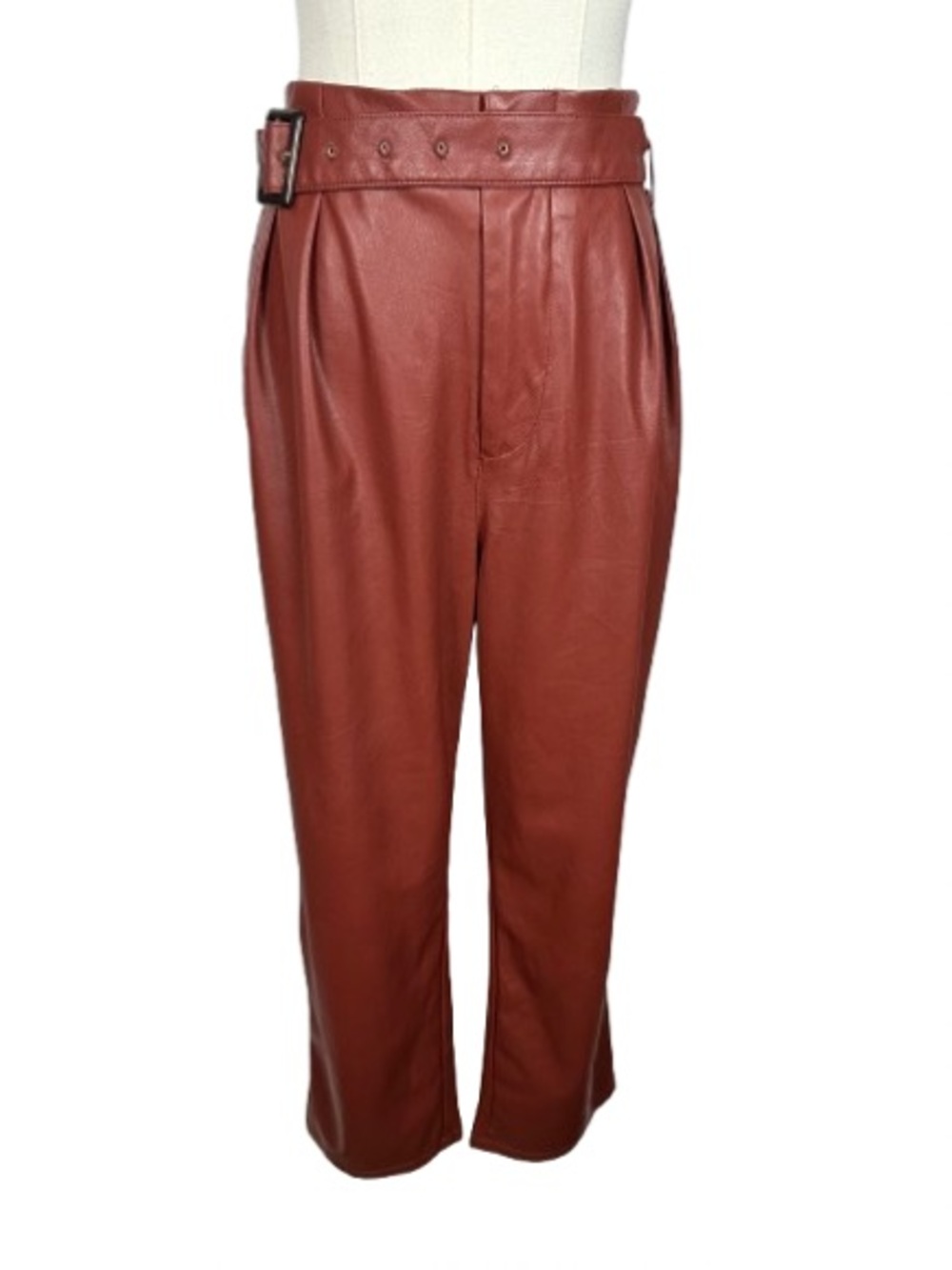 Who What Wear Men's Rust Leather High-Waist Trousers with Belted Waist